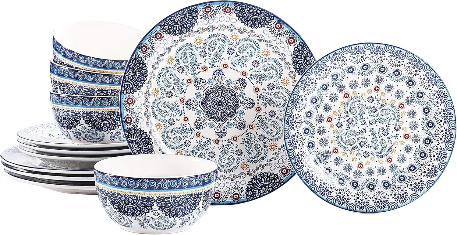 Bico Blue Talavera Ceramic 12 pcs Dinnerware Set, Service for 4, Inclusive of 11 inch Dinner Plates, 8.75 inch Salad Plates and 26oz Cereal Bowls, for Party, Microwave & Dishwasher Safe