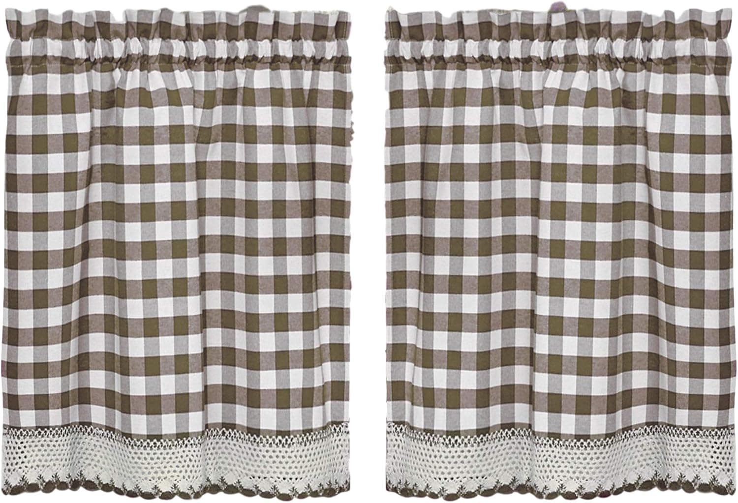 Woven Trends Designer Home Window Panel Curtain Tier Pair Kitchen Drape Plaid Gingham Checked Taupe Checkered Panel