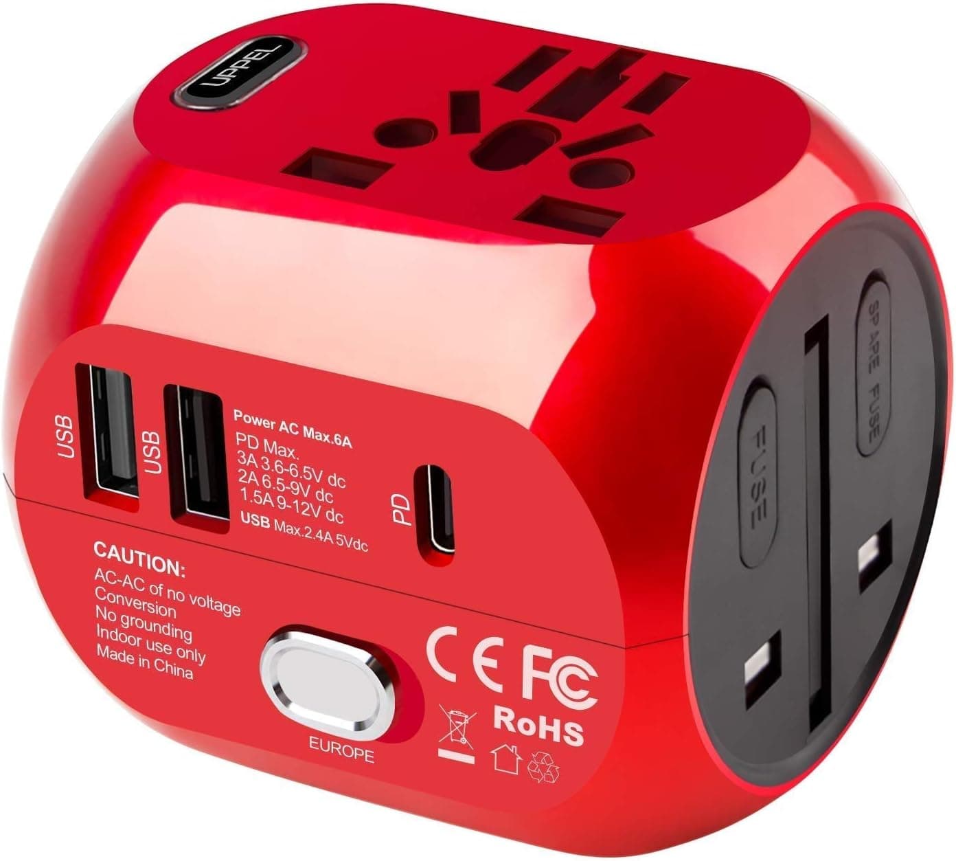 UPPEL Universal Travel Adapter International Power Adapter and Converter Charger with 2 USB+ 1PD(Type-C Quick Charging Port) European Plug Adapter All in one, Used in UK/US/EU AU/Asia(200 Countries)