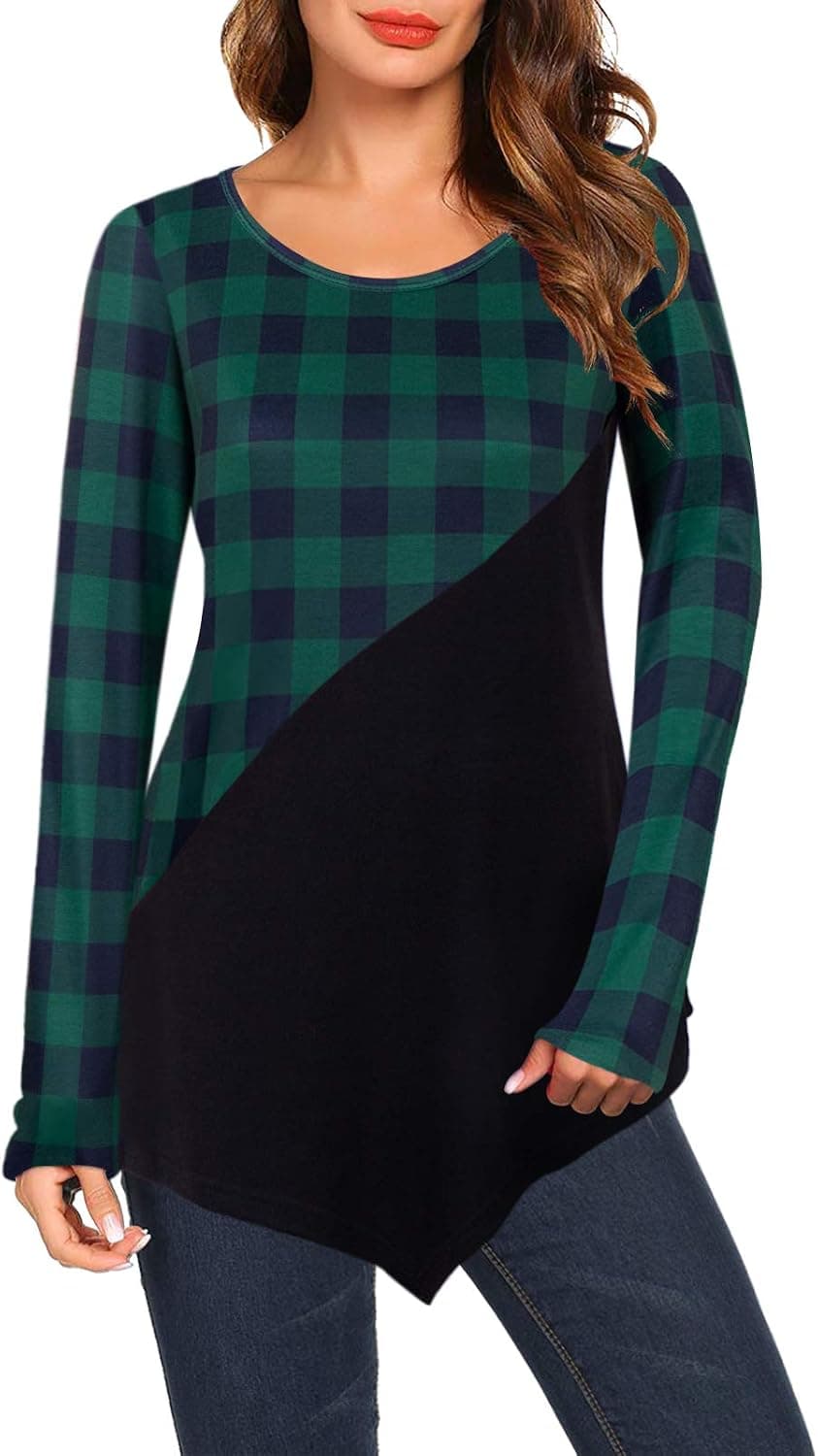 Bulotus Women Short Sleeve Color Block Tunic Tops Casual Long Shirt