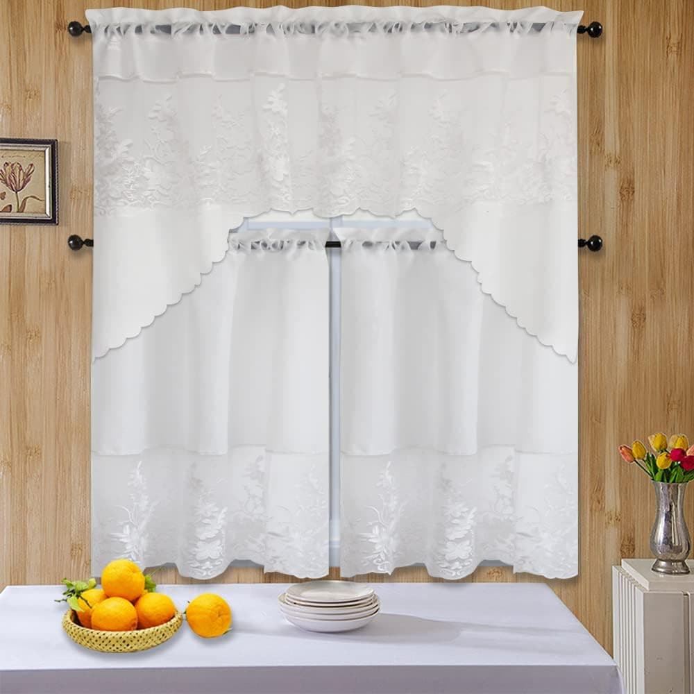 All American Collection Modern Contemporary 3pc Embroidered Home Kitchen Window Treatment Curtain Set (Swag Valance, White Lace)