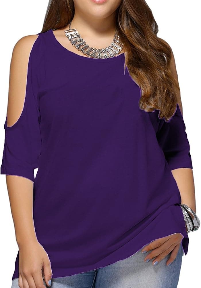 ALLEGRACE Women Plus Size Cold Shoulder T Shirt Short Sleeve Split Womens Tops
