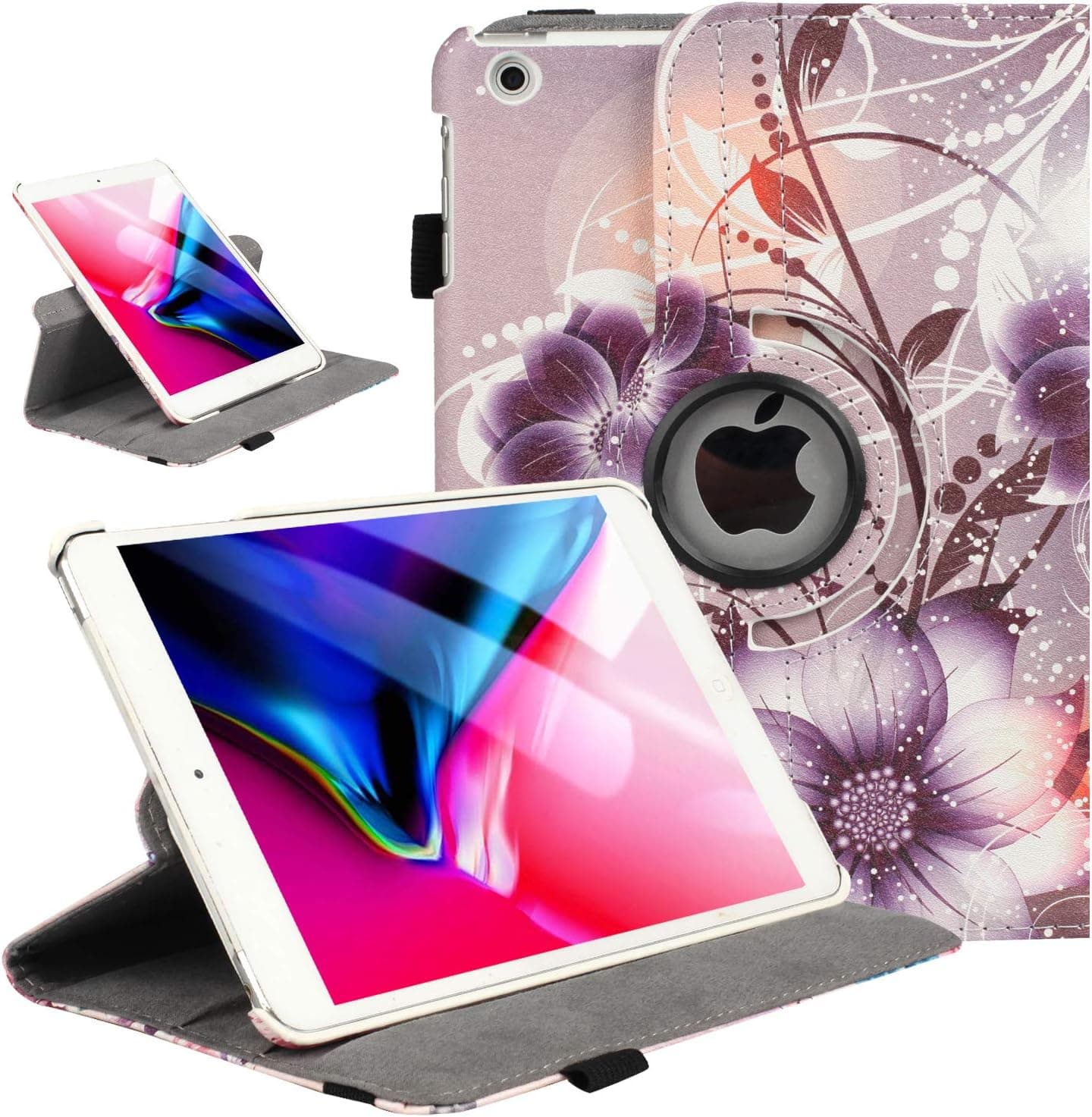 iPad Mini 1/2/3 Case 360 Degree Rotating Stand Case Cover with Auto Sleep/Wake Feature Smart PU Leather Cover for iPad Mini 3 case/ipad Mini 2 case/ipad Mini 1 case(Purple Flower)