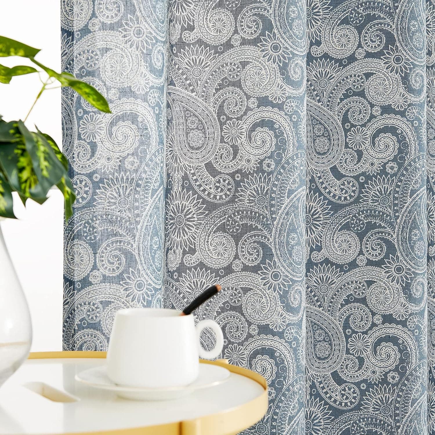 jinchan Linen Textured Curtains for Living Room 84 inches Long Paisley Medallion Rustic Jacobean Floral Printed Light Filtering Grommet Top Window Treatment Set for Bedroom 2 Panels Blue on Beige