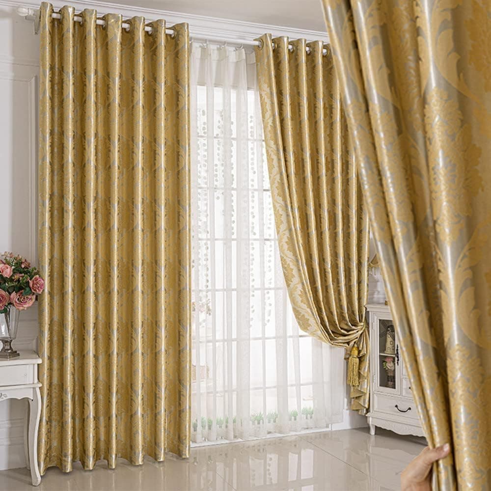 Amidoudou 1 Pair European Flower Curtains for Bedroom Luxury Gold Curtains for Living Room (2 PCS 54x84 Inch,Gold)