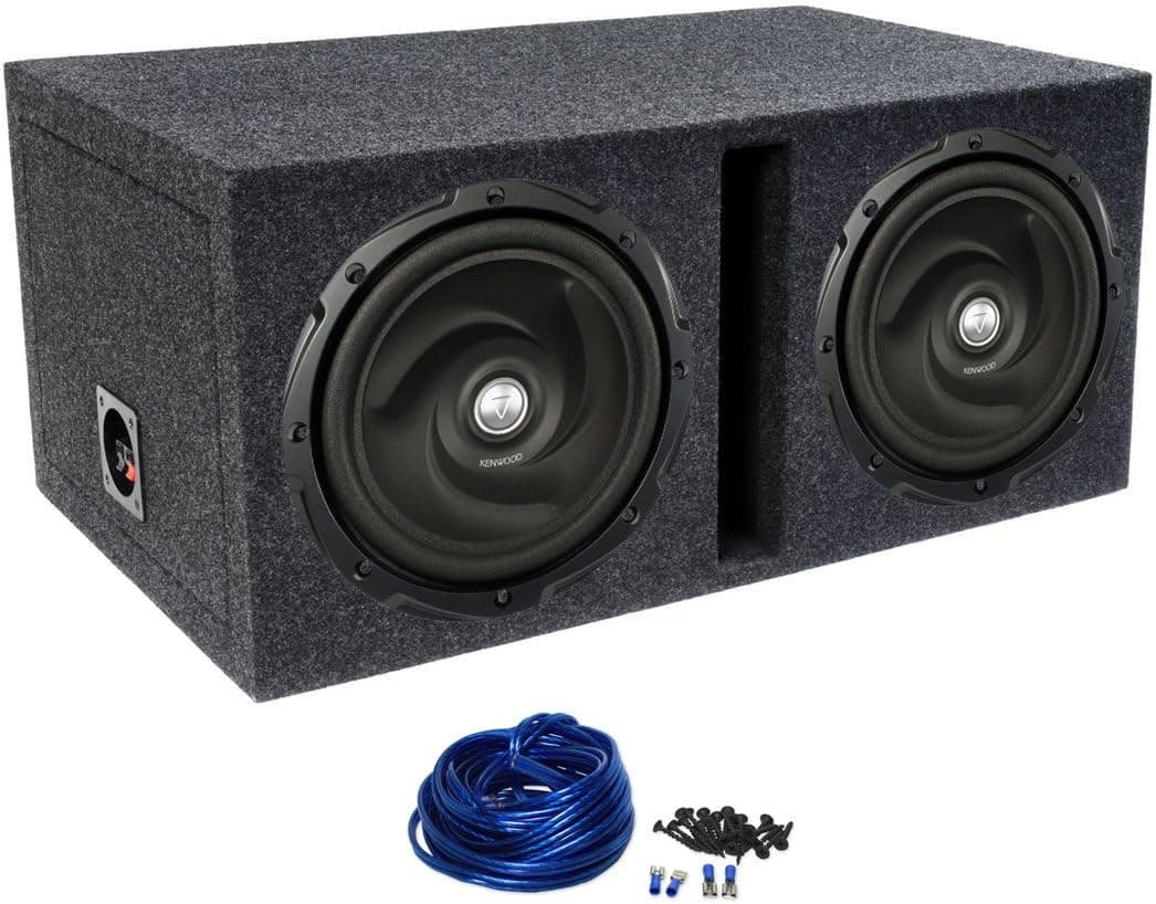Package: Kenwood Kfc-w12 12" 4 Ohm Car Subwoofers with 2000 Watt Peak / 400 Watt RMS + Atrend Dual 12" MDF Vented Subwoofer Enclosure + Dual Sub Box Enclosure Kit with 14 Gauge Speaker Wire + Screws + Spade Terminals