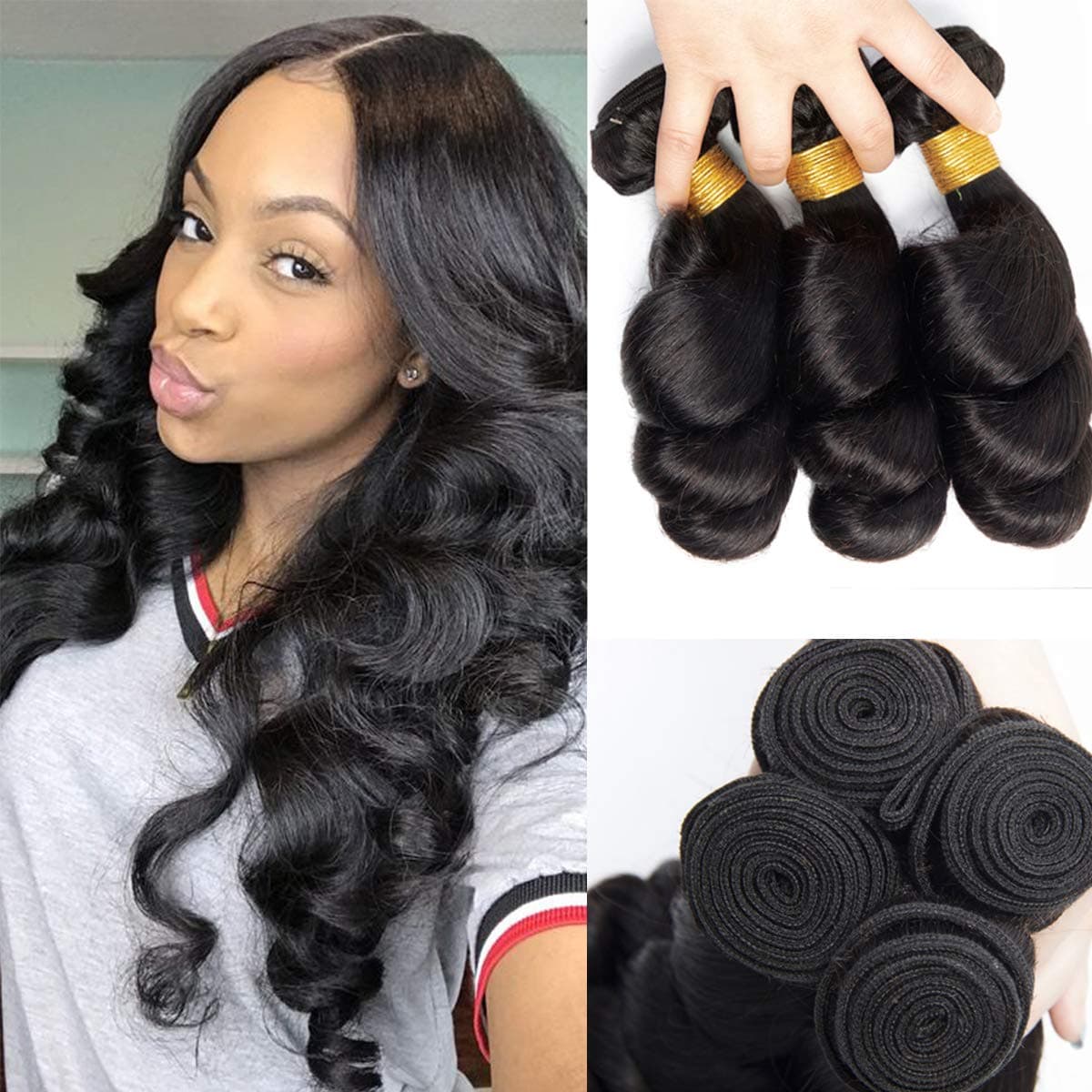 Brazilian Virgin Human Hair Loose Wave 3 Bundles 8A Grade 100% Unprocessed Virgin Remy Brazilian Human Hair Extension Loose Wave Human Hair Bundles Natural Black Can Be Dyed and Bleached