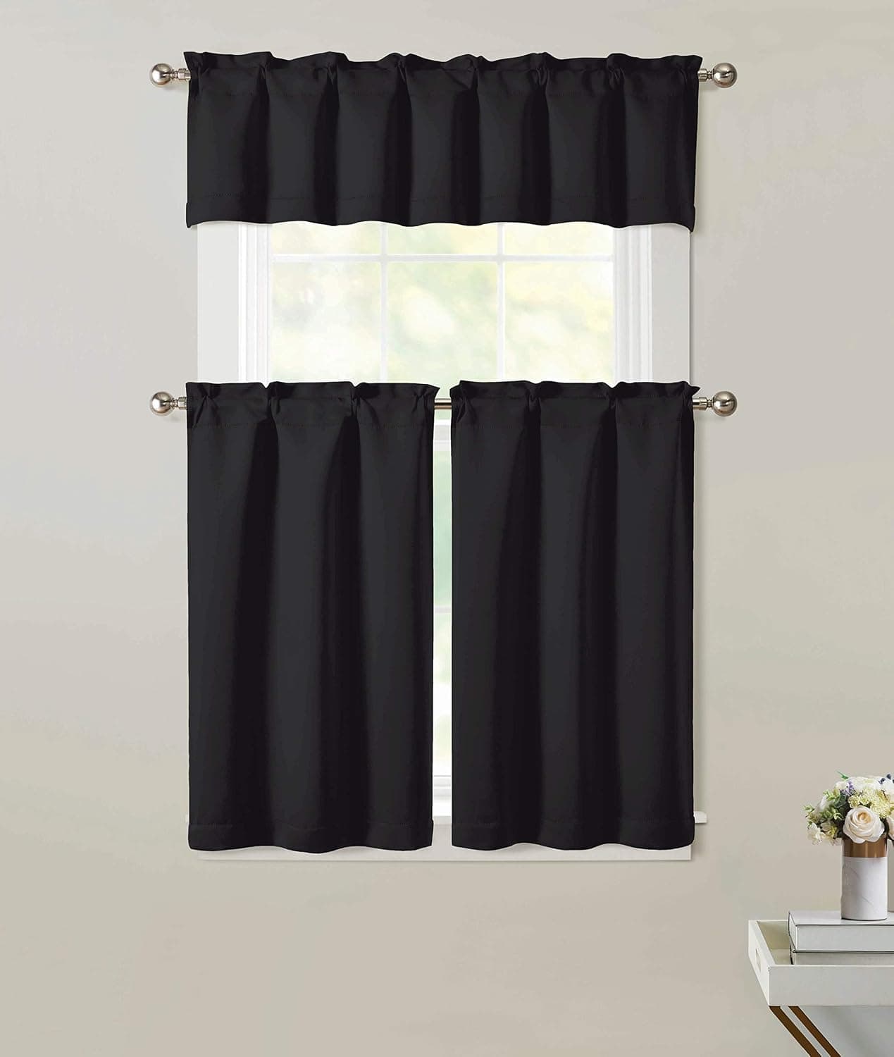 CRAWFISH Blackout Thermal Insulated Lined Kitchen Curtain Rod Pocket Window Treatment Curtains Set Drapes 2 27 X 36 Tiers 54 X 15 Valance Bathroom Drape Hemmed Bathroom Basement Panels (BT181-BLACK)