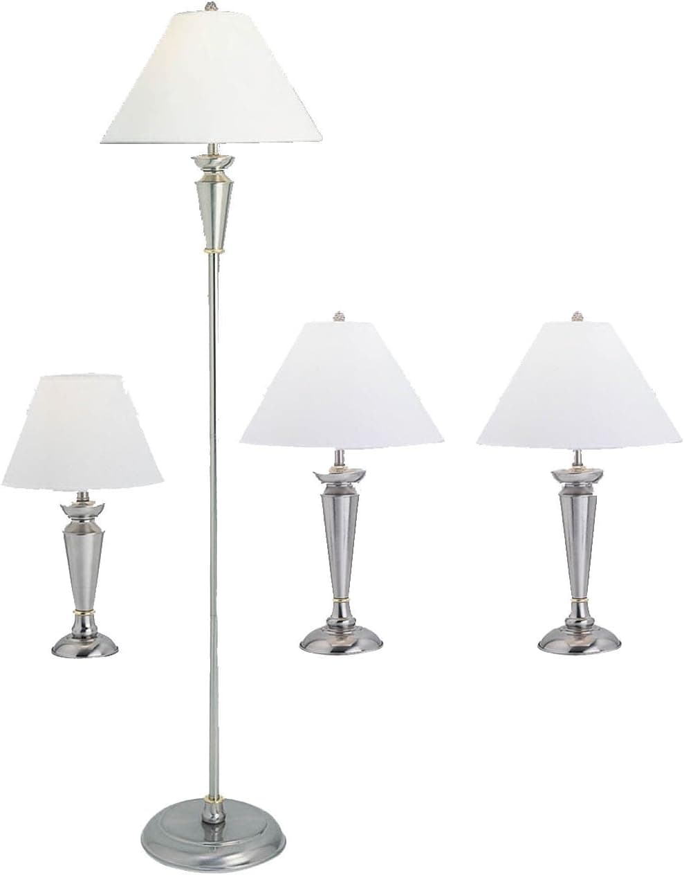 Grandrich G-4411-4 Lighting Set with One Floor Lamp, Two Table Lamps, and One Accent Lamp, Satin Steel with White Shade