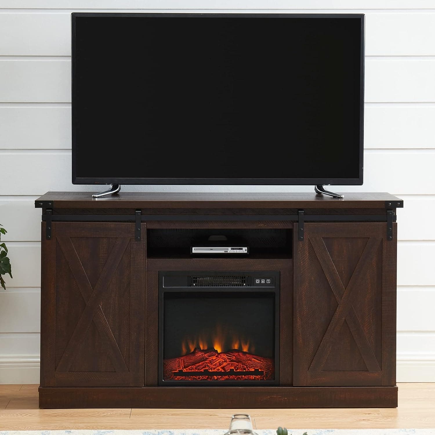 EDYO LIVING Barn Door Electric Fireplace TV Stand Console Entertainment Center for TVs up to 65" Dark Brown