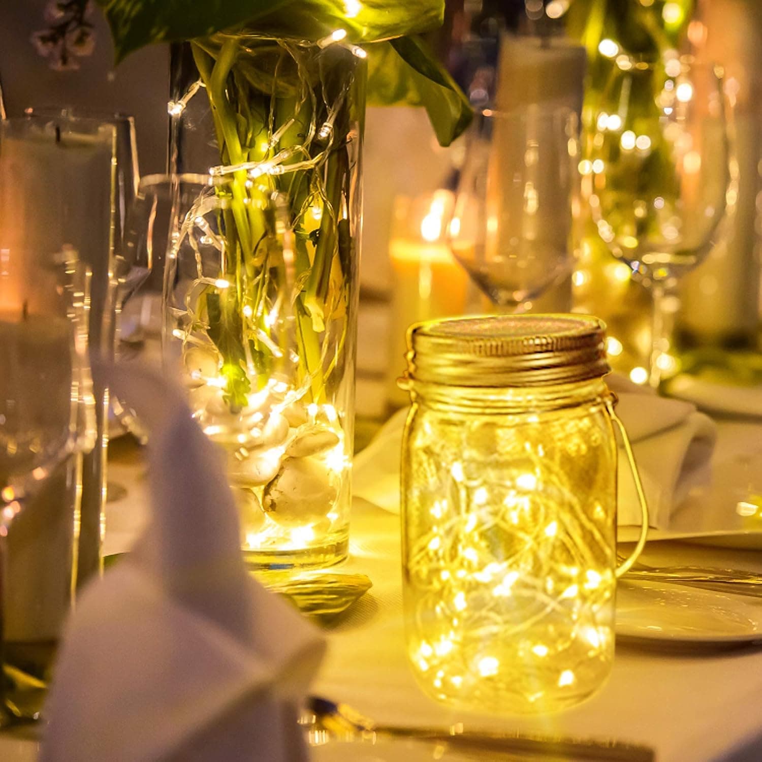 PChero Solar Mason Jar Lights with Dusk to Dawn Sensor, 4 Packs 20 LED Waterproof Fairy String Lights with Hangers, Ideal for Christmas Holiday Garden Patio Outdoor Decor - Warm White