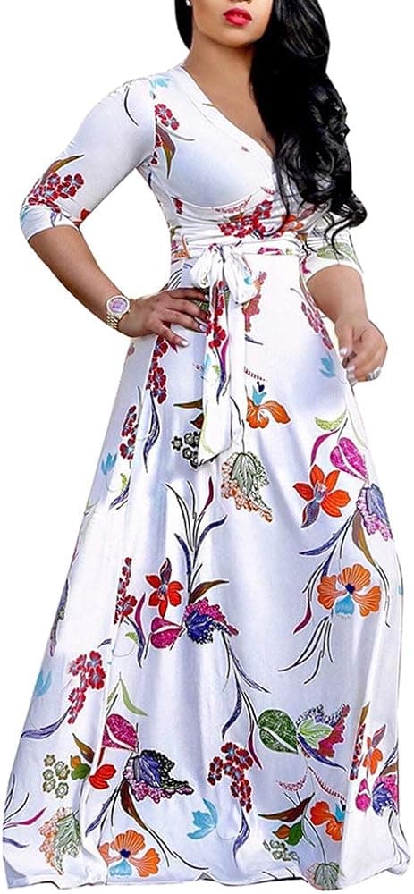 SheKiss Womens Casual V-Neck Floral Print Long Maxi Flowy Dress Plus Size Plain Party Vintage Outfits