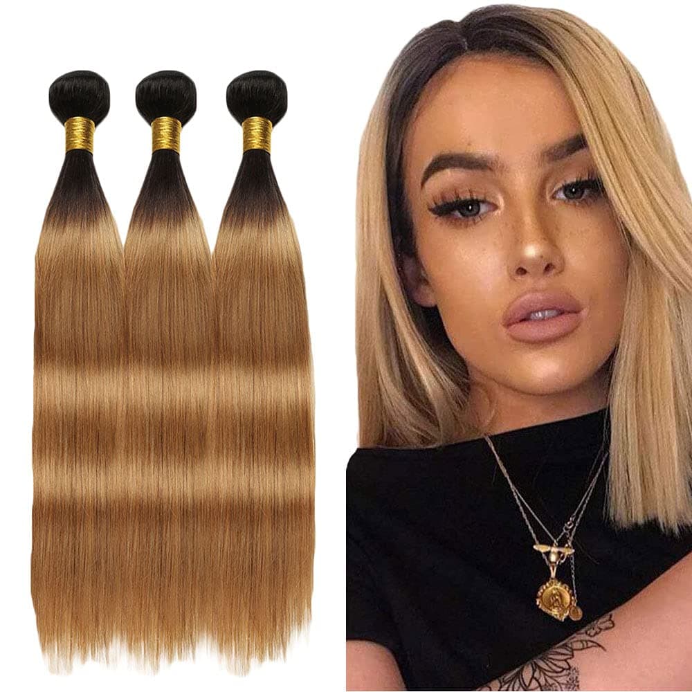 WunnSvm Straight Human Hair Bundles 1b/27 Honey Blonde Bundles Human Hair Brazilian Hair Two Tone Ombre Honey Blonde Human Hair Bundles 100% Unprocessed Virgin Remy Ombre Human Hair Extensions(20 22 24)Inch
