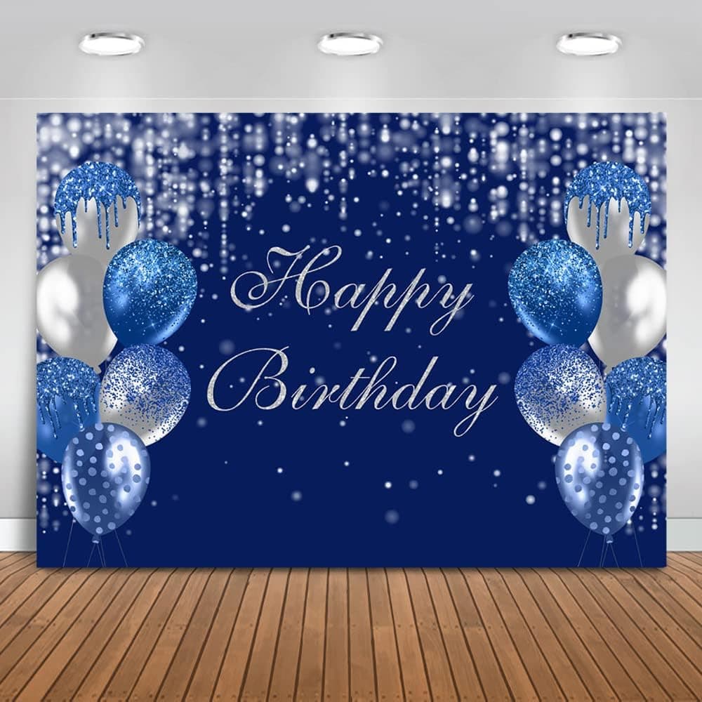 Mocsicka Royal Blue and Silver Happy Birthday Backdrop Blue Balloons Glitter Bokeh Dots Photography Background for Adults Women Birthday Party Decoration Banner Photo Booth Props (10x7ft)