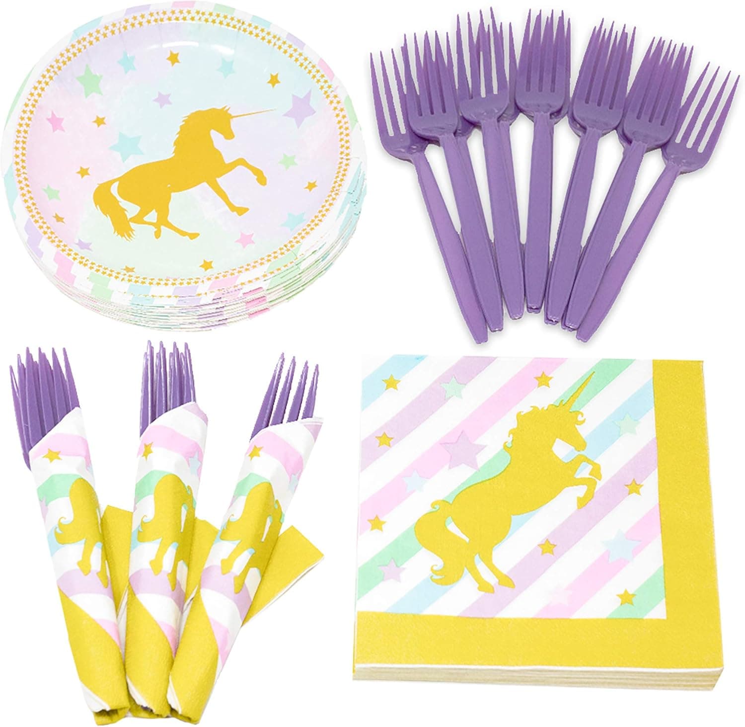 Golden Unicorn Value Party Supplies Pack (58+ Pieces for 16 Guests), Value Party Kit, Unicorn Party Plates, Unicorn Birthday, Napkins, Forks, Tableware