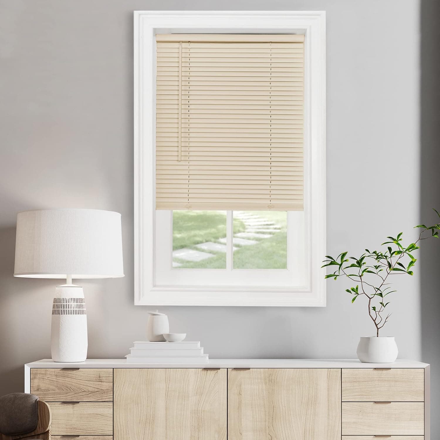 Cordless Light Filtering Mini Blind - 39 Inch Length, 64 Inch Height, 1" Slat Size - Alabaster - Cordless GII Morningstar Horizontal Windows Blinds for Interior by Achim Home Decor