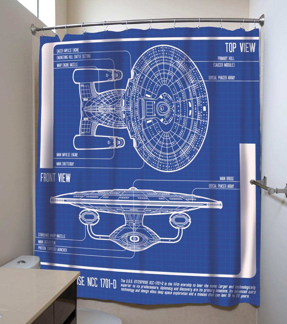 Robe Factory Officially Licensed Star Trek: The Next Generation U.S.S Enterprise Blueprint Shower Curtain 71x71