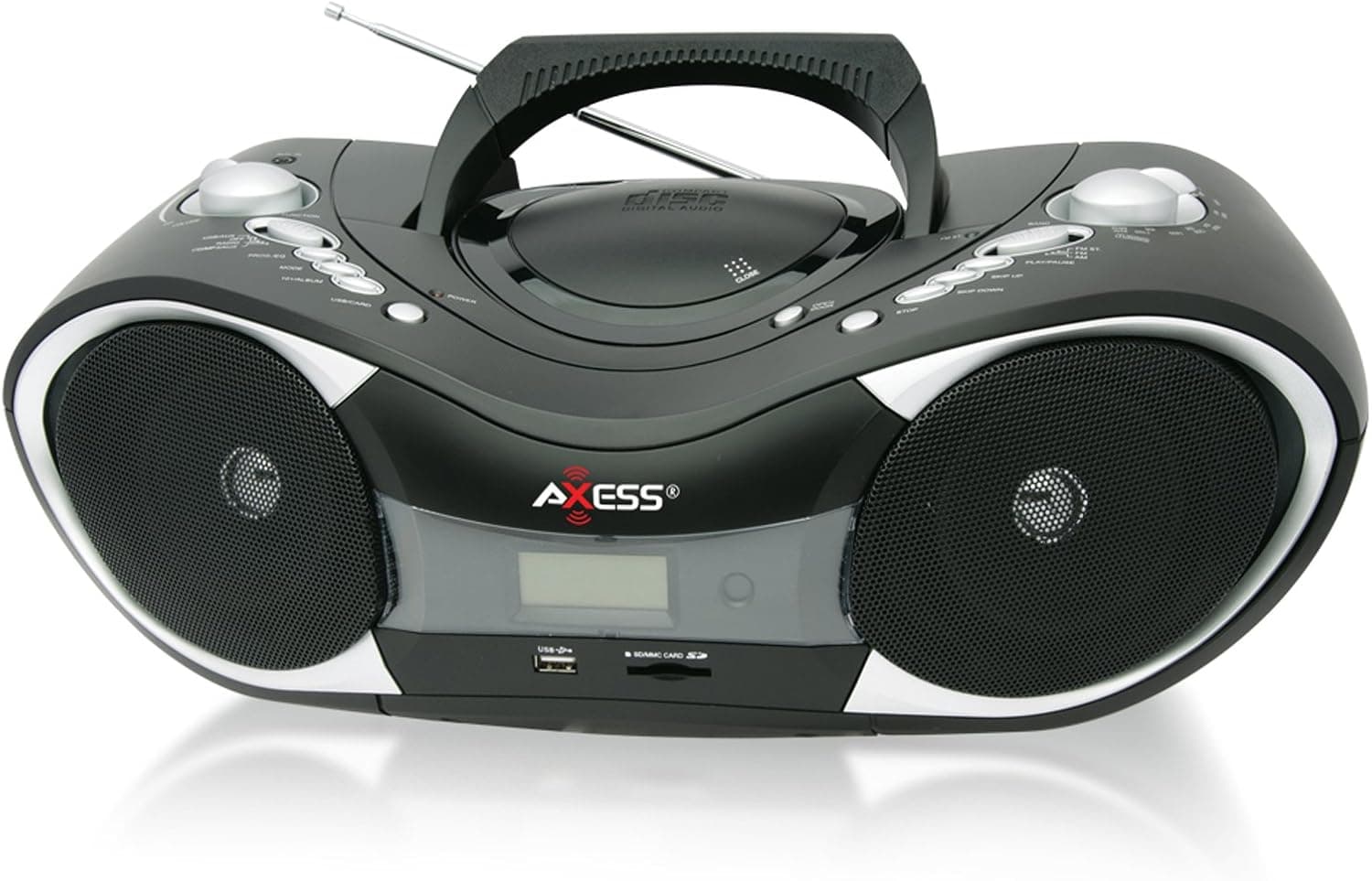 AXESS PB2707 Portable MP3/CD Boombox with AM/FM Stereo, USB, SD, MMC and AUX Inputs