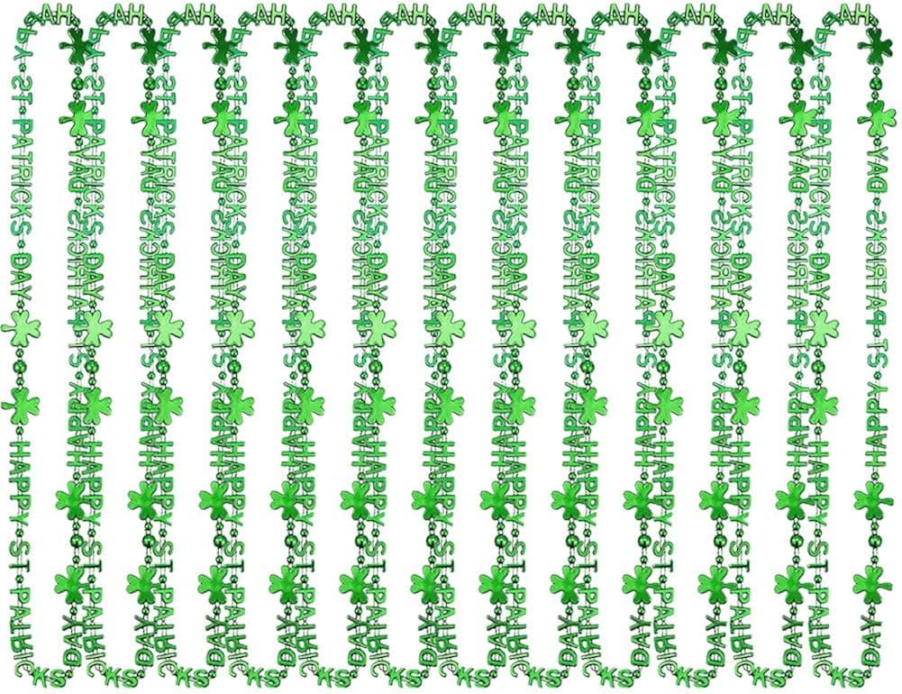 Koatobbor 12PCS St. Patrick's Day Necklaces Irish Shamrock Clover Green Bead Necklace for St. Patrick's Day Decoration Party Favors
