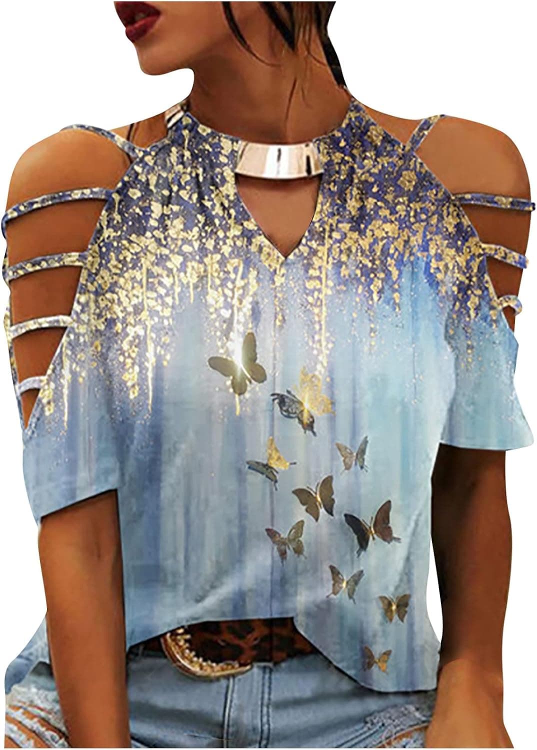 Cold Shoulder T-Shirts for Women Fashion Halter Necklace Sexy Cutout Y2K Retro Print Blouses Loose Fit Short Sleeve Tops