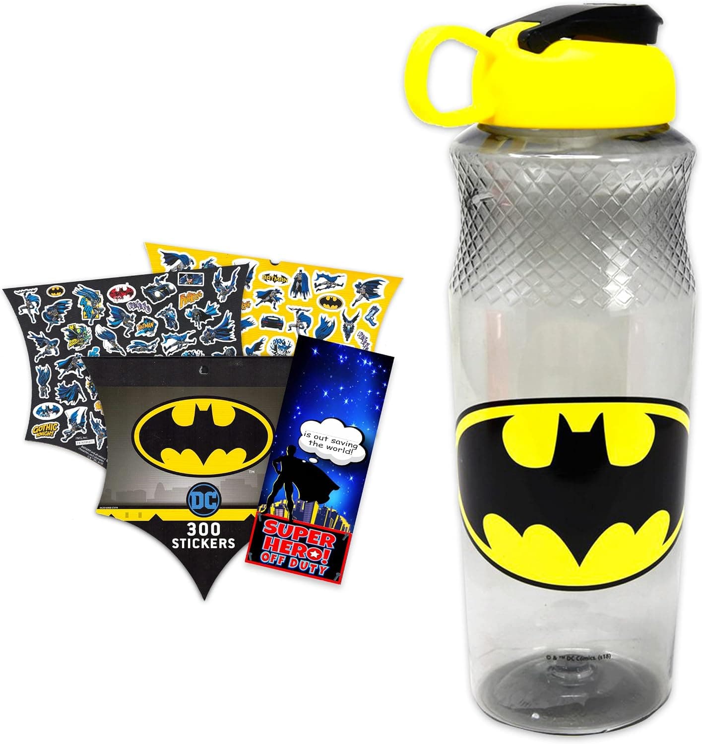 DC Shop Comics Batman 30oz Water Bottle For Kids, Adults Bundle ~ Refillable Superhero School Supplies, Sports, Office With 300 Stickers And Door Hanger, (Batman reusable bottle)