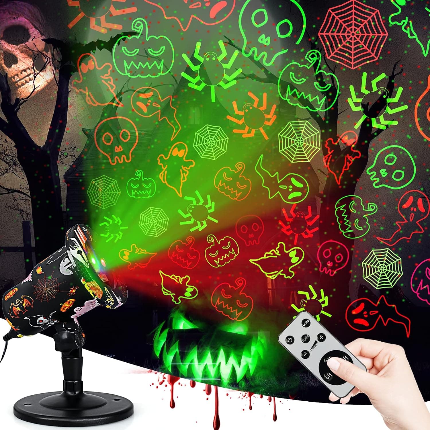 Halloween Christmas Projector Lights Outdoor, Waterproof Laser Light Landscape Spotlight Decorative Strobe Light with Red & Green Patterns for Indoor Outdoor, Halloween, New Year, Yard, Garden Decor