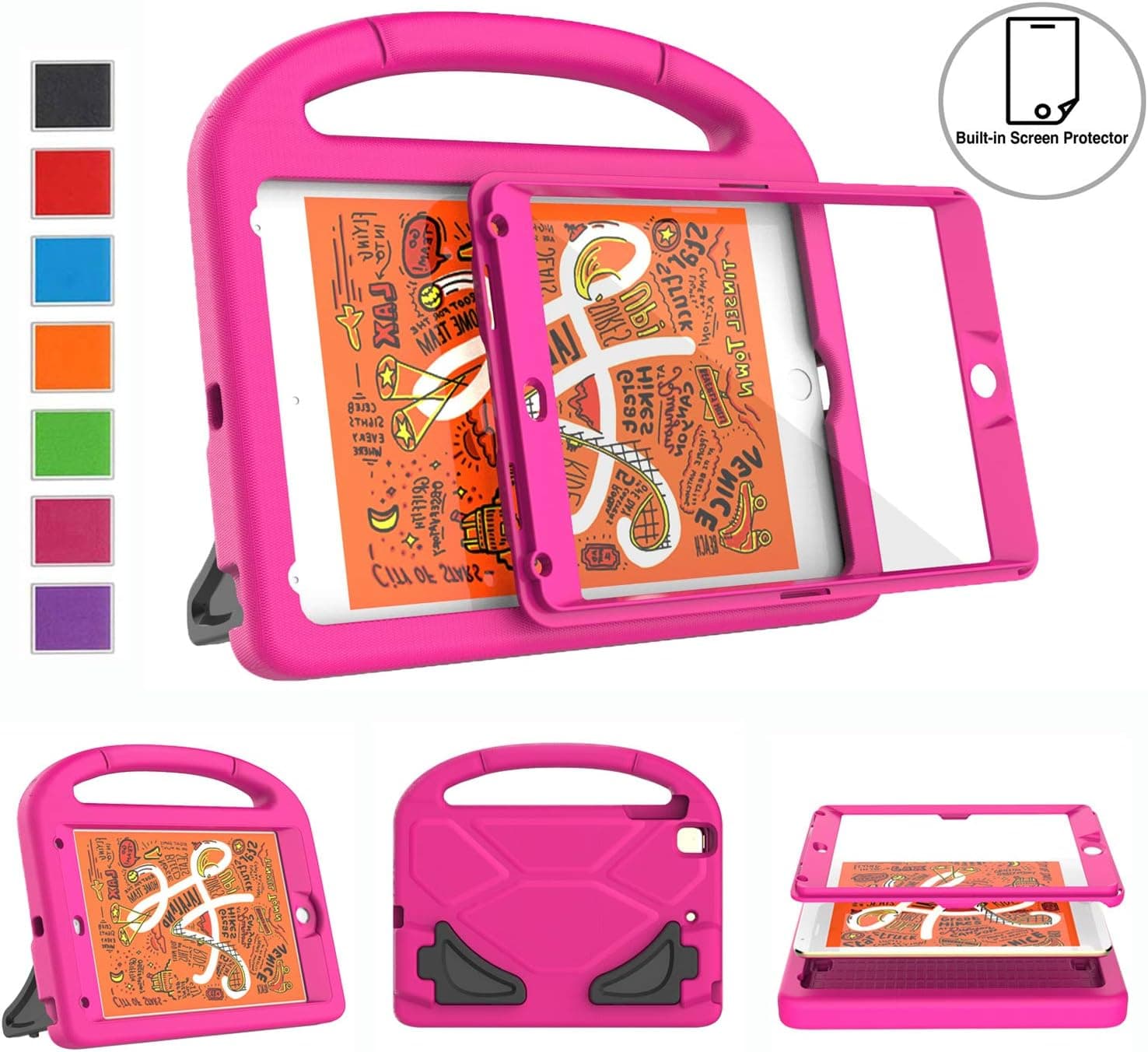 LTROP Kids Case Built-in Screen Protector for New iPad Mini 5 2019 - Shockproof Handle Stand Kids Friendly Compatible with iPad Mini 4th 5th Generation Latest Gen (Rose)