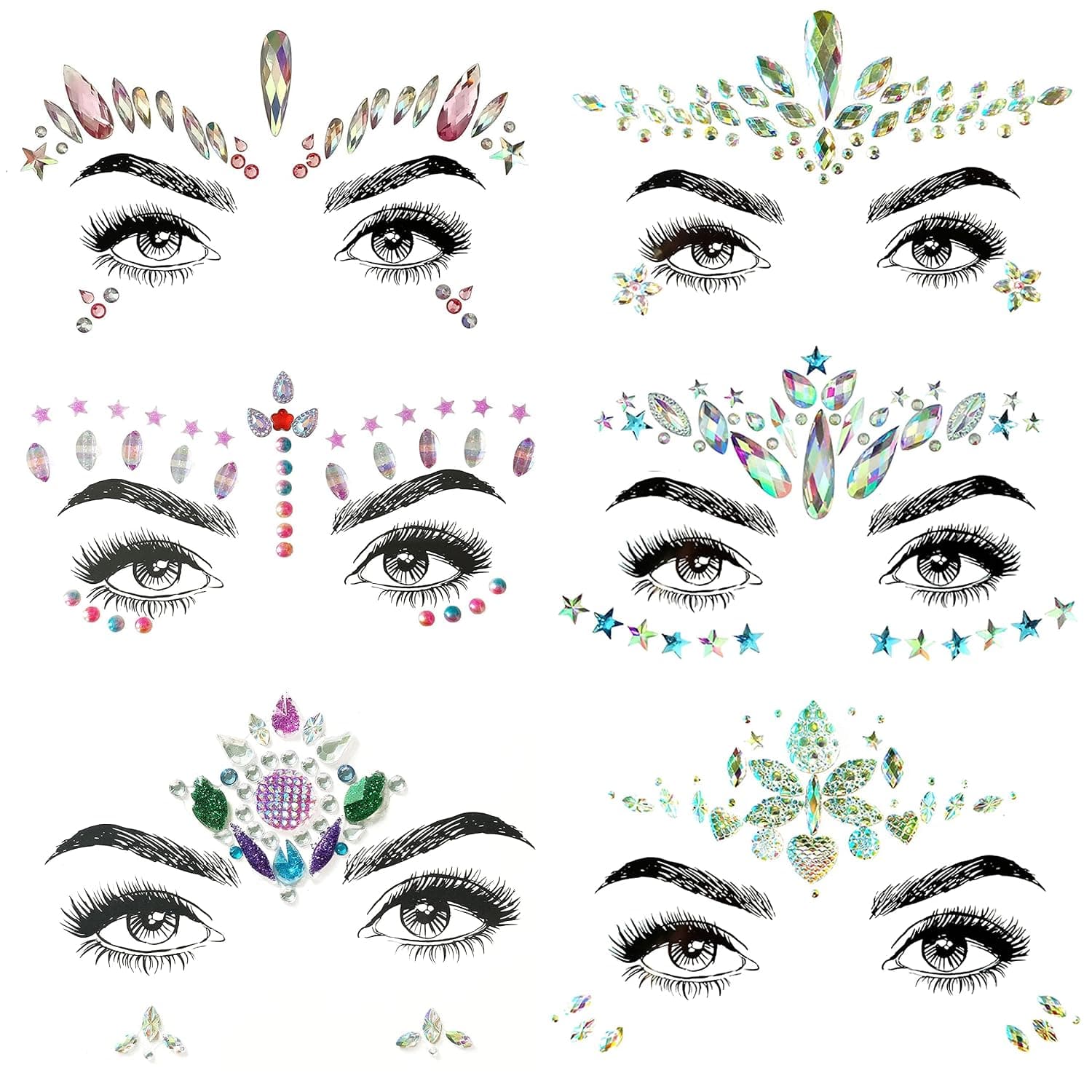 SHINEYES 6 Pcs Women Mermaid Face Gems Glitter,Rhinestone Rave Face Jewels Festival,Crystals Face Stickers, Eyes Face Body Temporary Tattoos