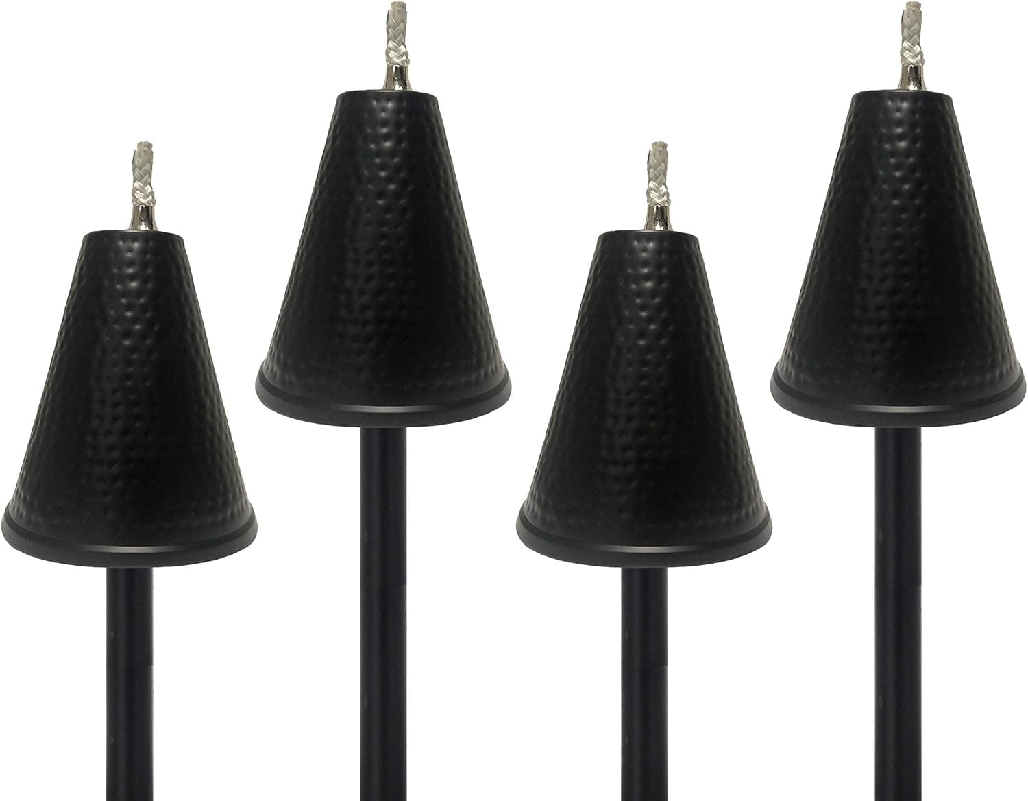 Legends Direct Set of 4, Premium Metal Torches, 54" Tall- Tiki Style/w Snuffer, Fiberglass Wick & Large 32oz Oil Lamp, Stylish Luau Flame Torches (Hammered Black)
