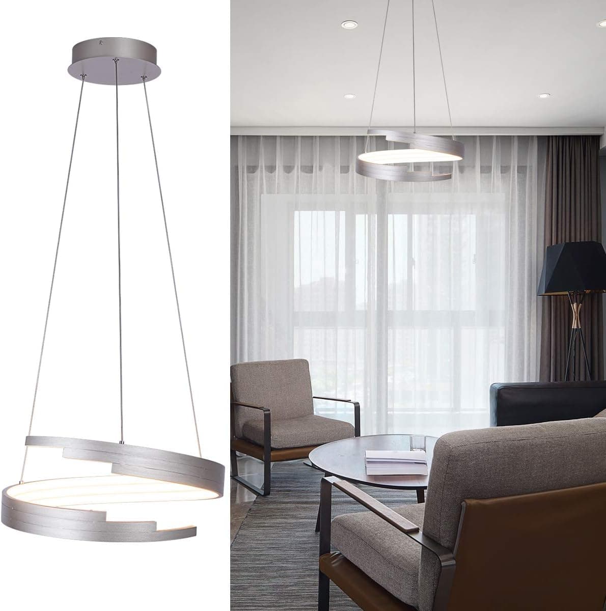 HL Modern Brushed Nickel Chandelier Led Spiral Ring Pendant Light Contemporary Adjustable Pendant Lighting for Kitchen Island Dining Room Bedroom Living Room Warm White 3000K by Helych
