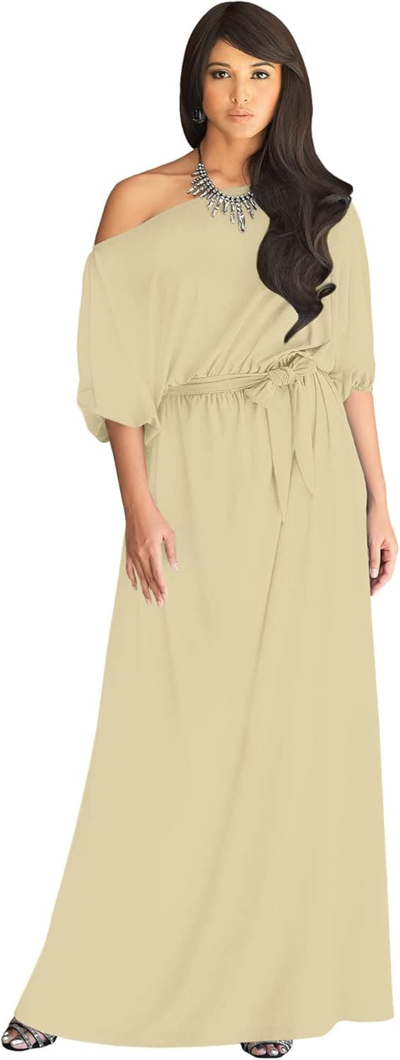 KOH KOH Womens Long Sexy One Shoulder Flowy Casual 3/4 Short Sleeve Maxi Dress