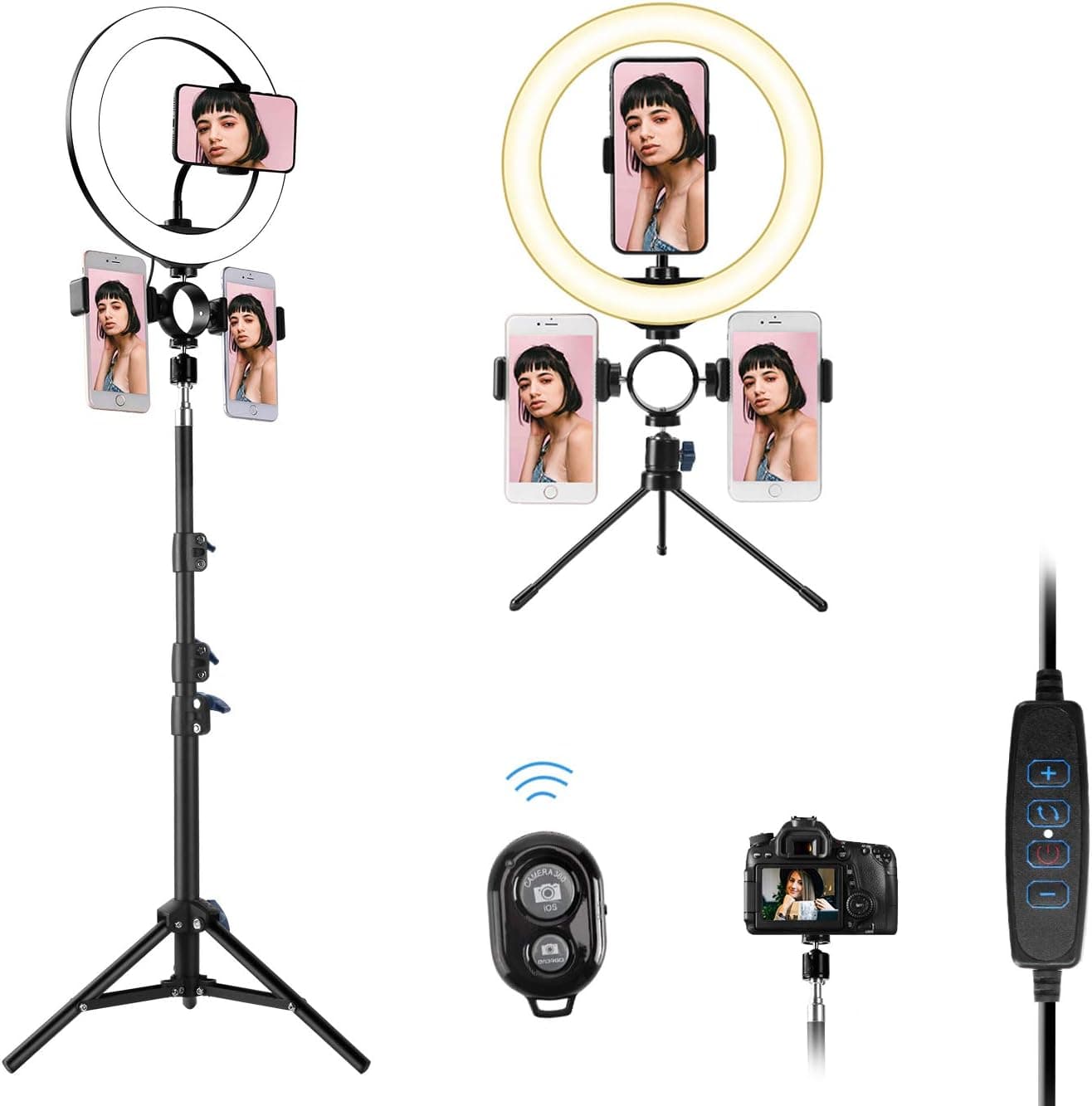 Ring Light with Stand - 10" Ringlight with Tripod & 3 Phone Holder for iPhone/Andriod, 3 Lighting Modes & 14 Brightness Level for Camera Photography, Live Streaming, Makeup, Tiktok, YouTube Video