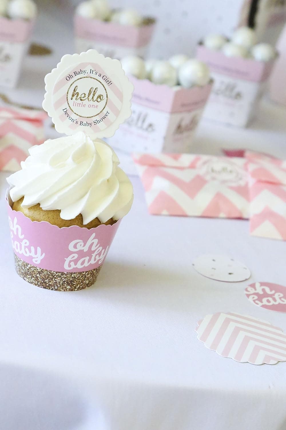 Hello Little One - Pink and Gold - Girl Baby Shower Decorations - Party Cupcake Wrappers - Set of 12