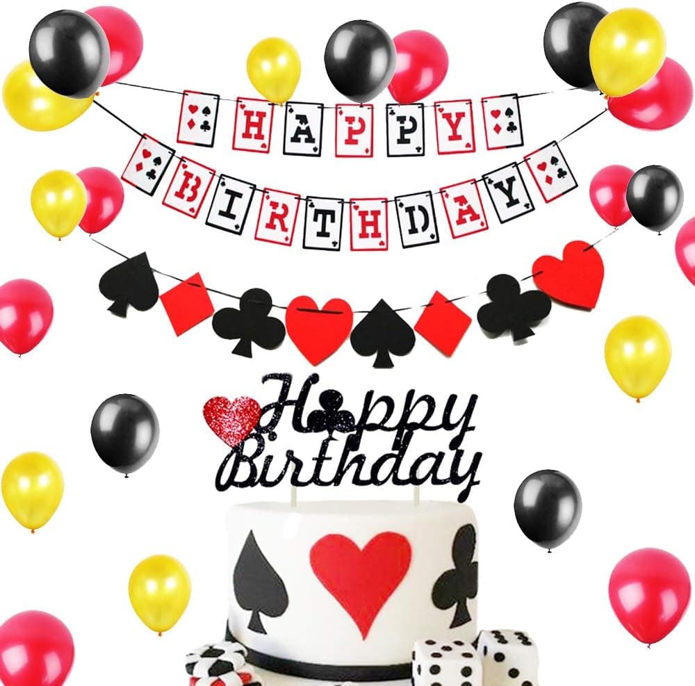 LaVenty Set of 15 Poker Theme Birthday Party Happy Birthday Poker Banner Casino Poker Night Game Night Party Decoration Supplies Kit Spade Heart Diamond Club