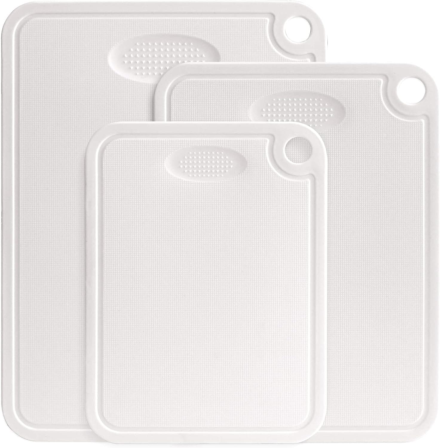 FYY Cutting Boards, 3 Pieces Plastic Cutting Board with Juice Grooves, Kitchen Non-Slip Chopping Board with Grinding Area for Garlic and Ginger and Easy Grip Handle, BPA-Free Dishwasher Safe White