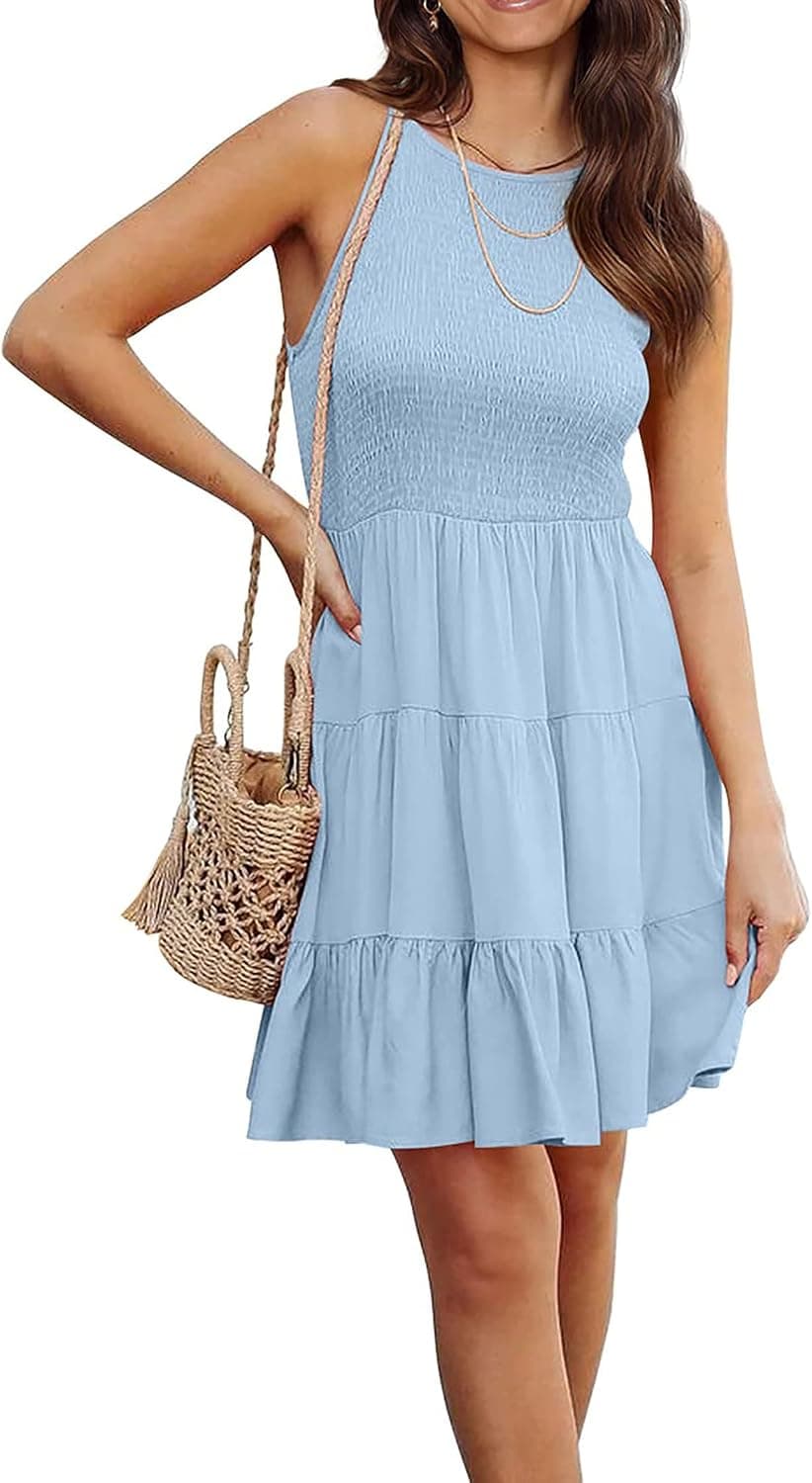 KIRUNDO 2023 Womens Casual Sleeveless Summer Dresses Smocked Tiered Ruffle A-Line Swing Mini Tank Beach Dress Sundress