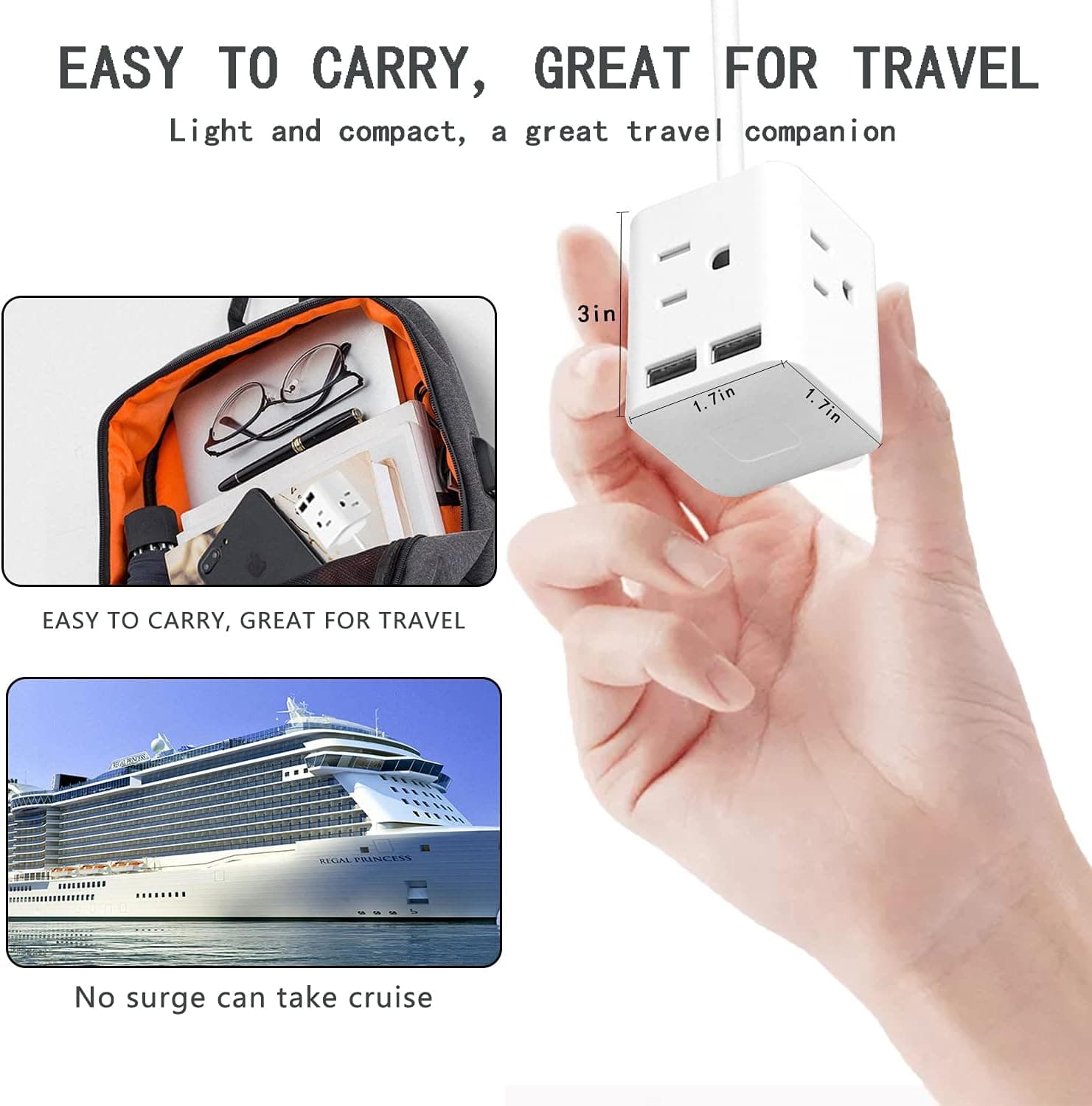 XIUDI Power Strip with USB Ports,PowerPort Cube USB with 4 Outlets and 2 USB Ports,5 ft Extension Cord Surge Protector,Portable Design Compact for Cruise Ship, Travel, Home, Office