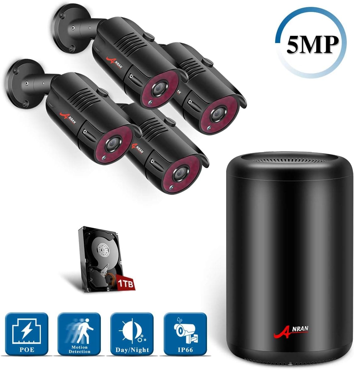 4 Channel 5MP POE Home Security Camera System, ANRAN 4pcs 5MP Outdoor Bullet Security Camera, Plug&Play NVR Security System with 1TB Hard Drive for 24/7 Recording, 100ft Night Vision, Free Remote View