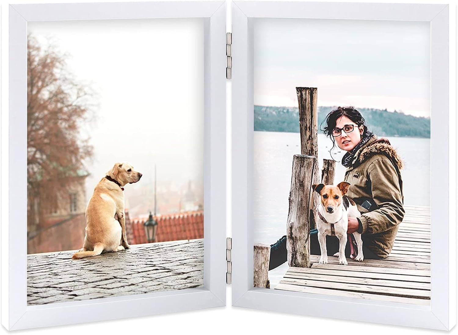 4x6 Double Picture Frame Wooden Hinged Photo Frame Definition Glass Stand Vertically on Desktop or Tabletop White