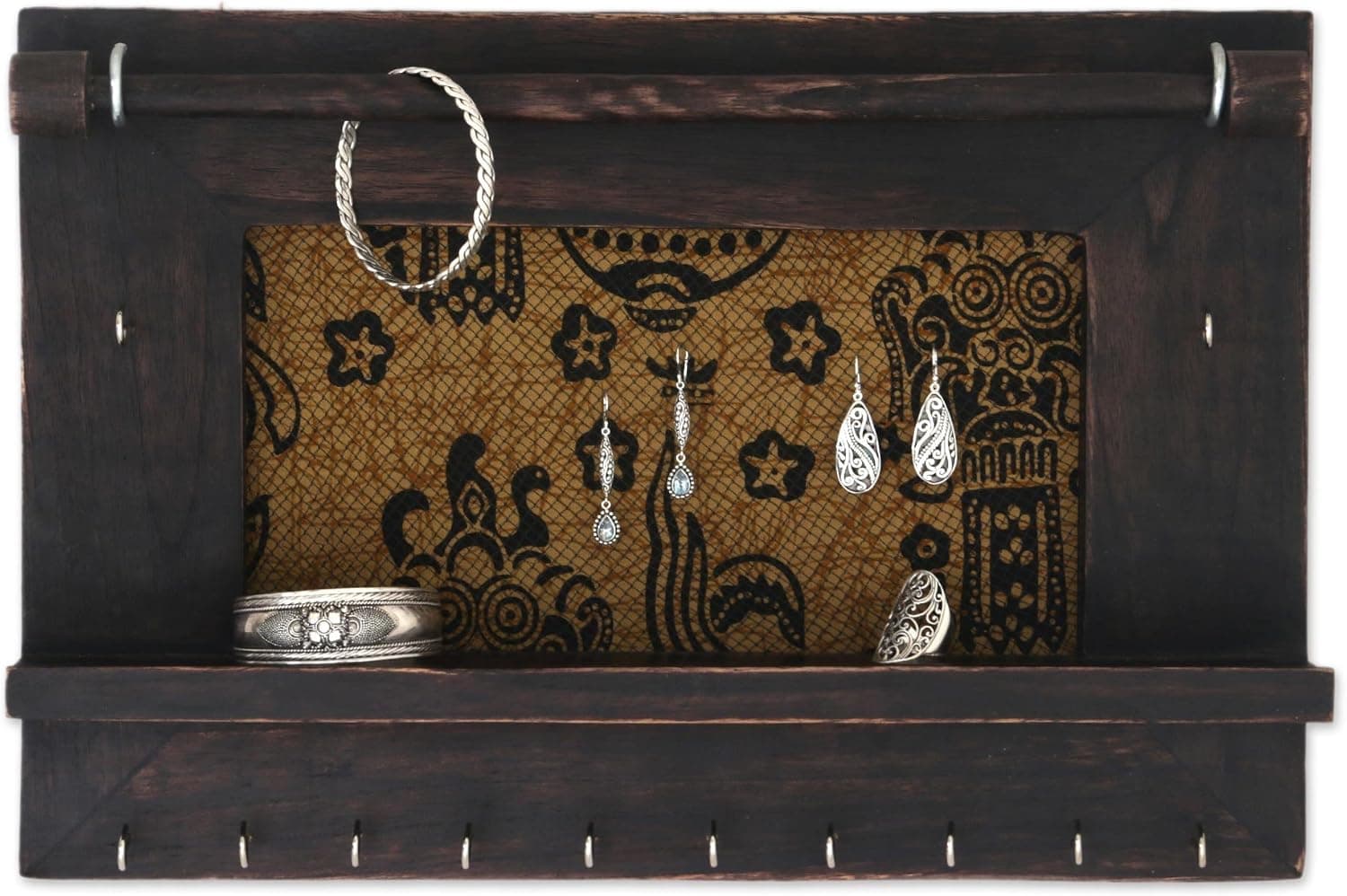 NOVICA Brown And Gold Cotton Wood Batik Jewelry Display Organizer 'Tegalalang Heritage In Brown'