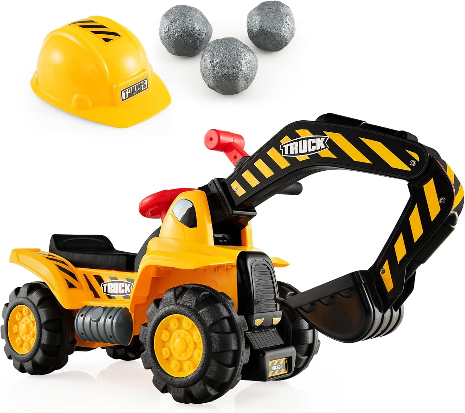 Costzon Kids Ride On Construction Excavator, Outdoor Digger Scooper Tractor Toy W/Safety Helmet, Rocks, Horn, Underneath Storage, Moving Forward/Backward, Pretend Play Ride On Truck (Excavator)