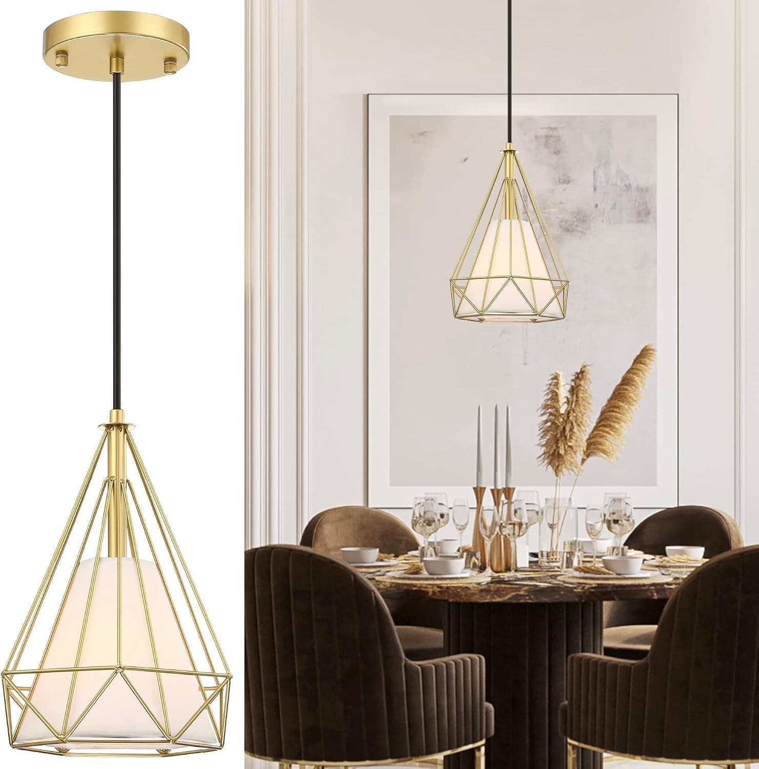 Untrammelife 1-Light Gold Pendant Light, Pendant Lights Kitchen Island with Metal Diamond Cage Shade, Adjustable Hanging Light Fixtures, Modern Chandeliers for Dining Room, Bedrooms, Living Room, Bar