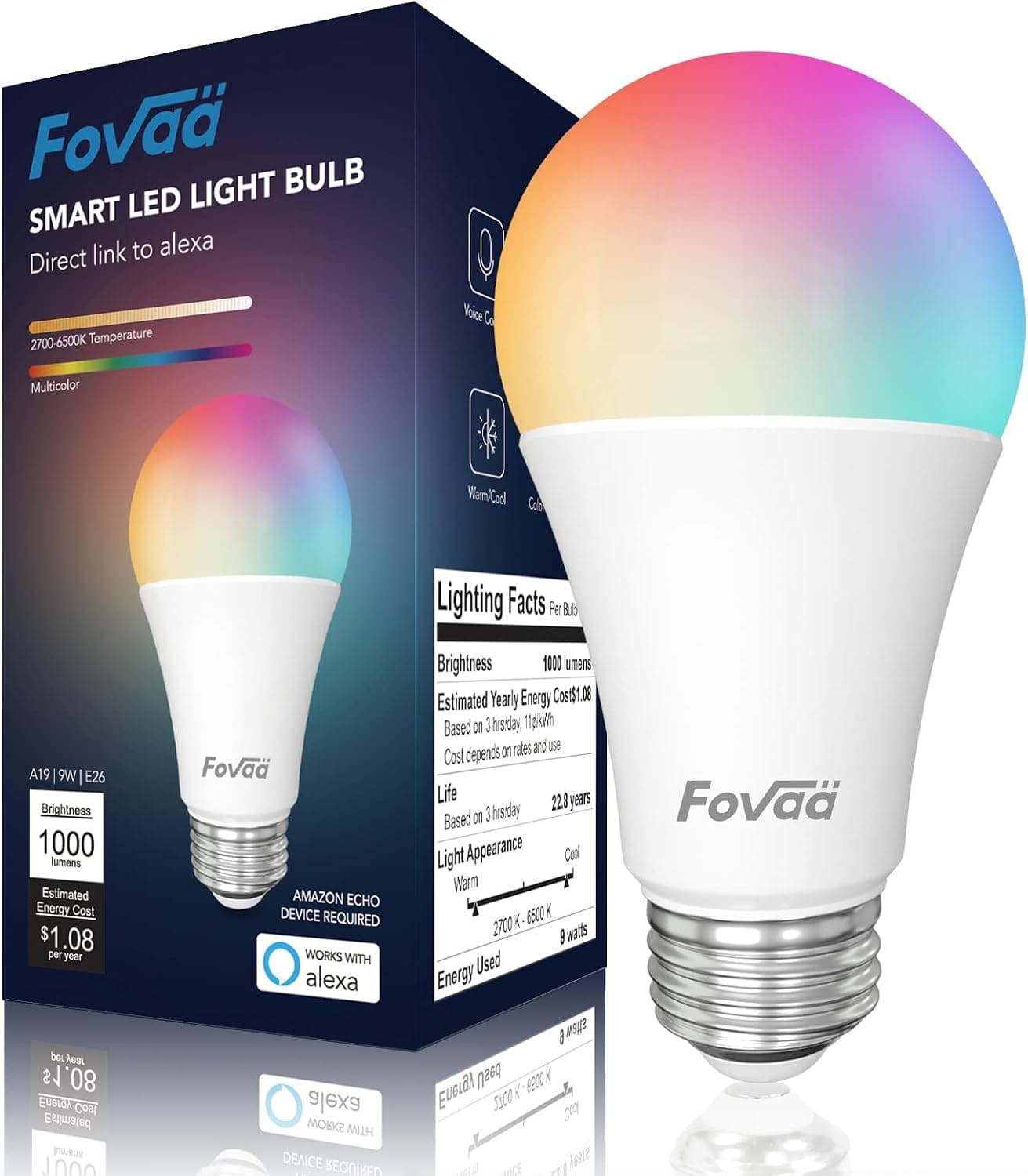 Fovaa Smart Light Bulbs, Color Changing Alexa Light Bulb Bluetooth Mesh LED Bulbs, Smart Bulbs That Work with Alexa Only, Dimmable LED Light Bulb A19 E26, Require Alexa Echo, RGBWW 9W 1000LM(1Pack)