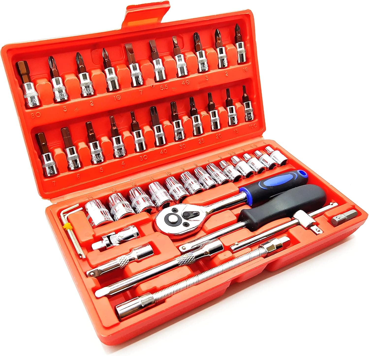 46Pcs Socket Wrench Set 1/4 and 3/8-inch Drive Bit and Torx Bit Socket Wrench Set Combination Fixing Tools with Storage Box (S2 Steel)