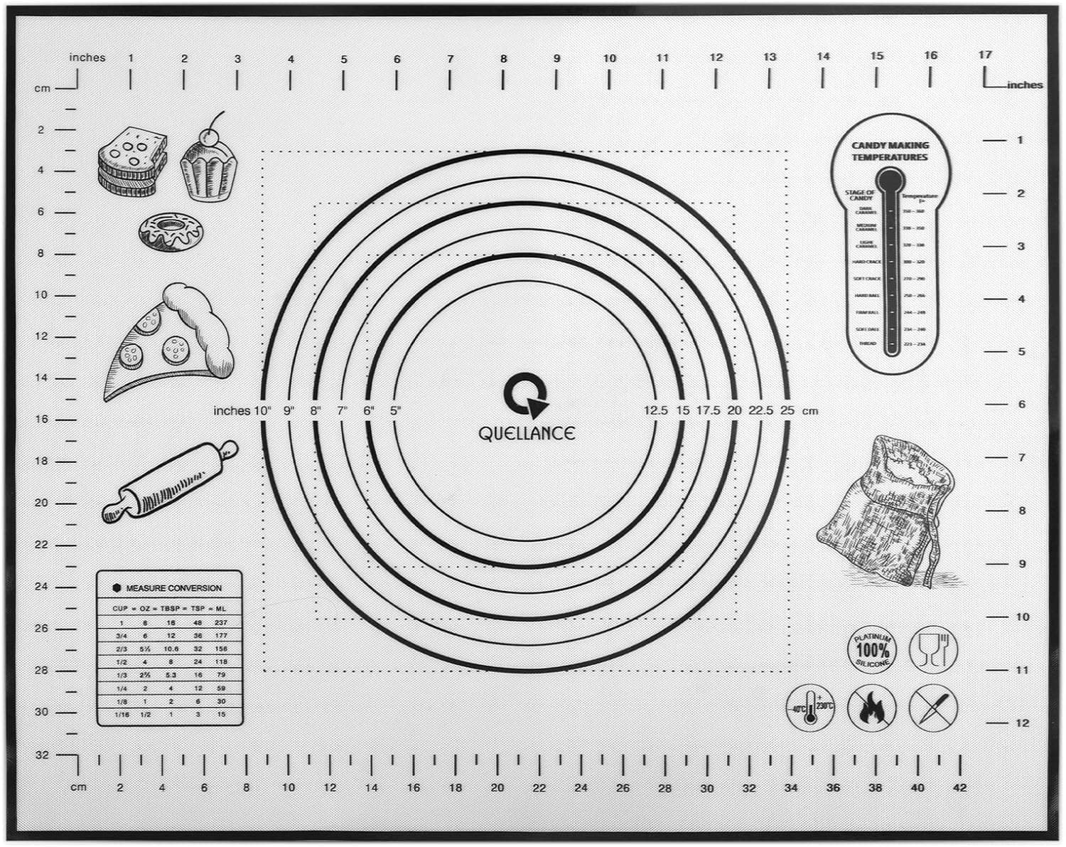 Silicone Baking Mat Pastry Mat with Measurement, 16" x 20" Black -Kids Rolling Mat for Fondant, Rolling Dough, Pie Crust, Pizza and Cookies - Kneading Mat, Fondant Mat, Dough Mat, Counter Mat