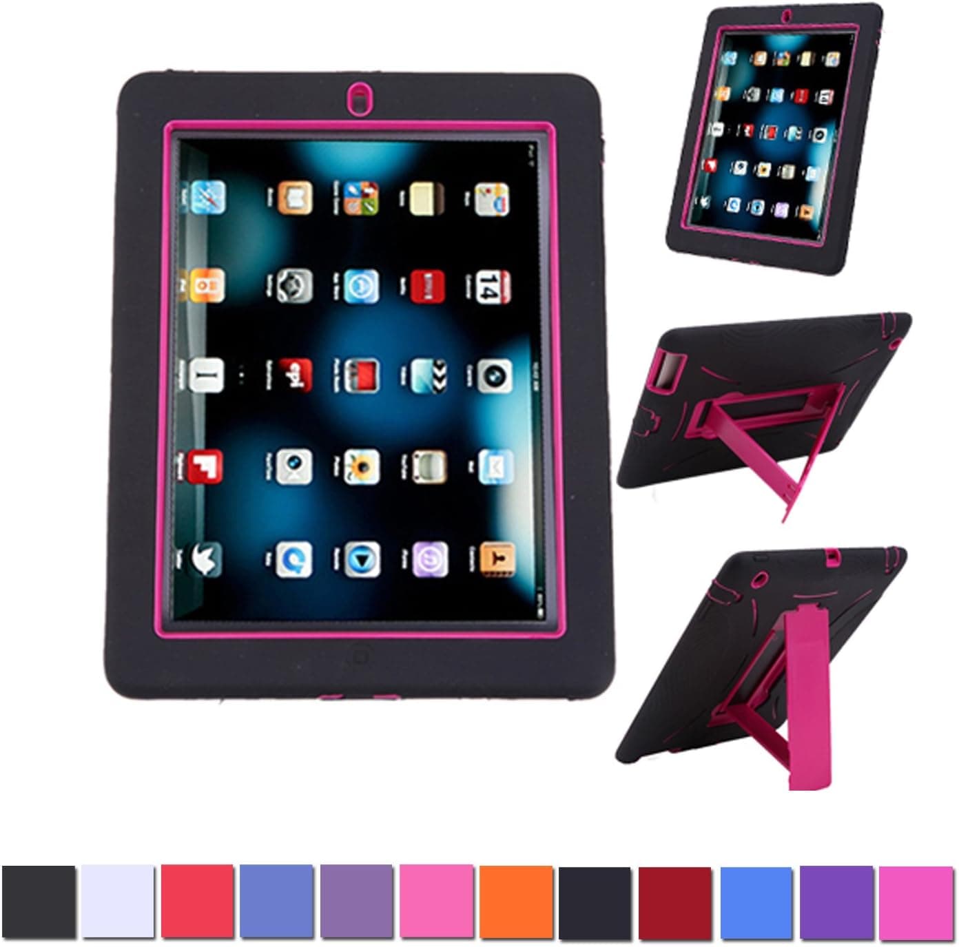 HDE Heavy Duty Kid Proof Hybrid Shockproof Case - Silicone Skin Case & Hard Protector Cover Case with Kick Stand for Apple iPad 2/3/4 with Retina (Hot Pink Trim)
