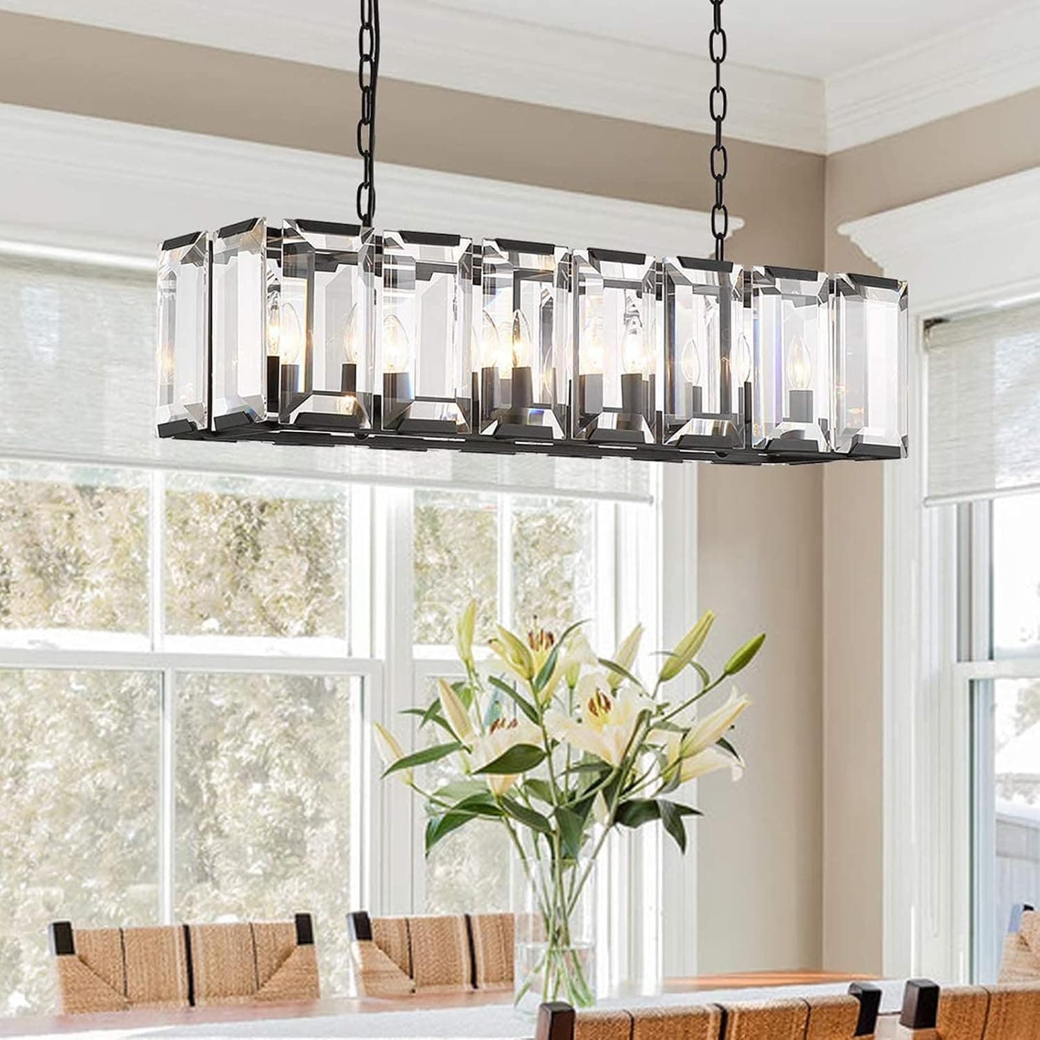 CROSSIO 10 Lights Luxury Black Rectangle Crystal Chandelier Led Pendant Ceiling Light Fixture for Kitchen Island Dining Room- L37.4"