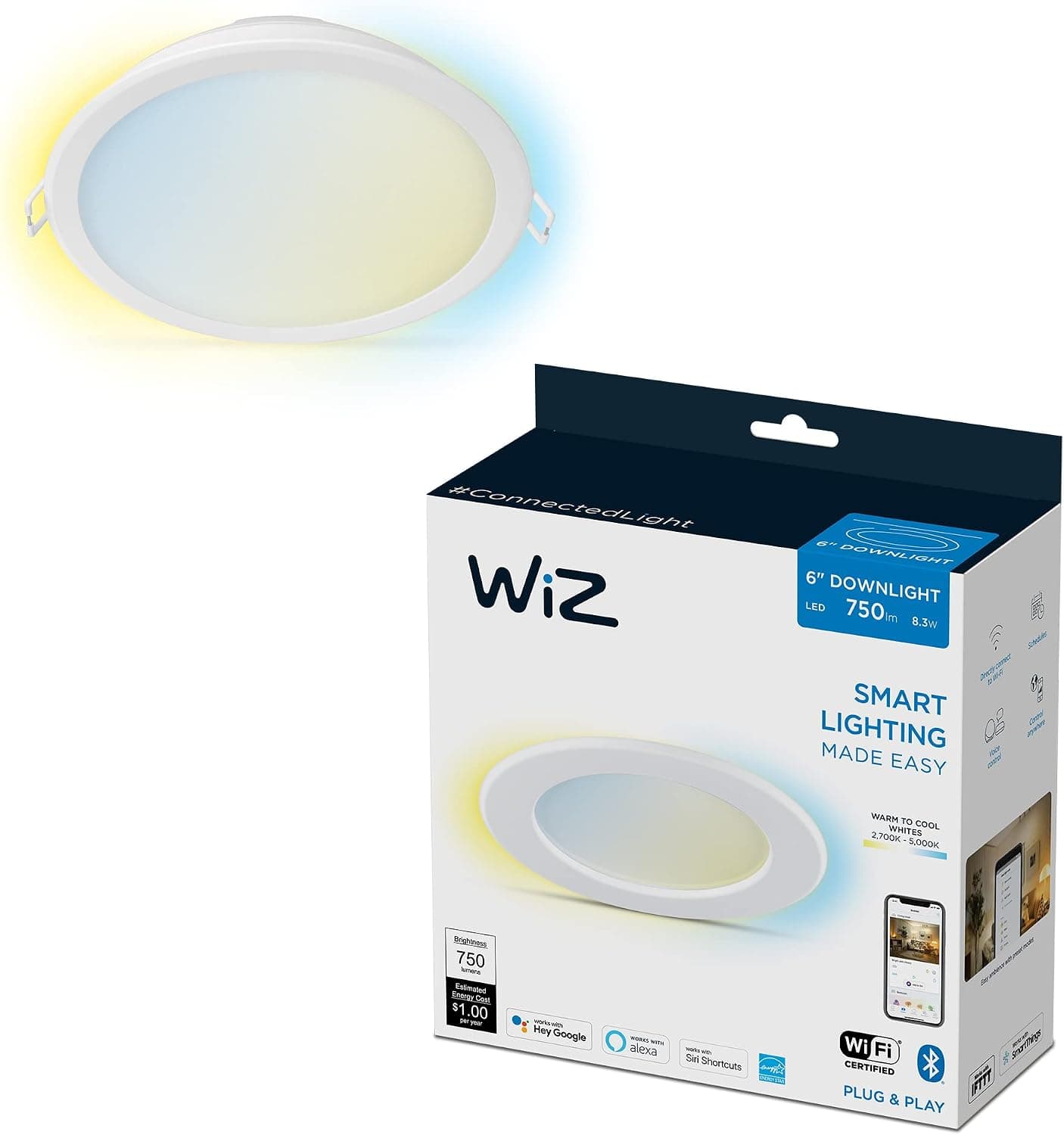 WiZ Connected Tunable White Lumen 6'' Retrofit Downlight, 2700K - 6500K, Smart Control with WiZ App, Compatible with Alexa, Google Assistant, and Siri Shortcuts, No Hub Required (604306)
