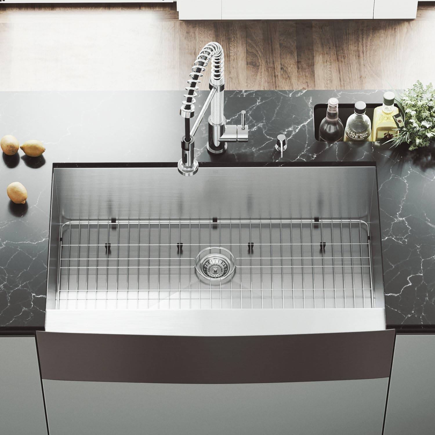VIGO 36 inch Farmhouse Apron Single Bowl 16 Gauge Stainless Steel Kitchen Sink with Edison Chrome Faucet, Grid, Strainer and Soap Dispenser