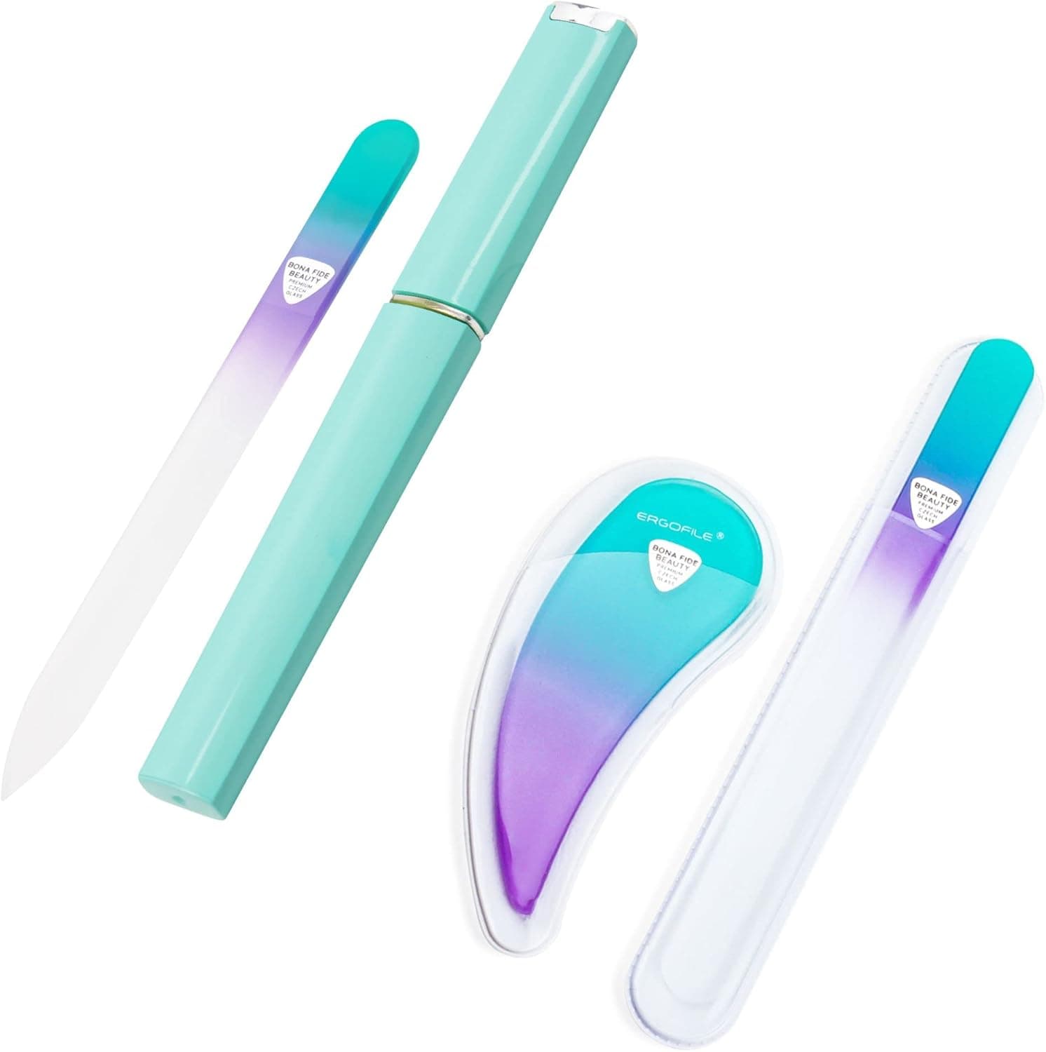 Czech Glass Nail File with Case and Ergonomic Glass Nail Files for Natural Nails in Pastel Green and Violet Bundle by Bona Fide Beauty
